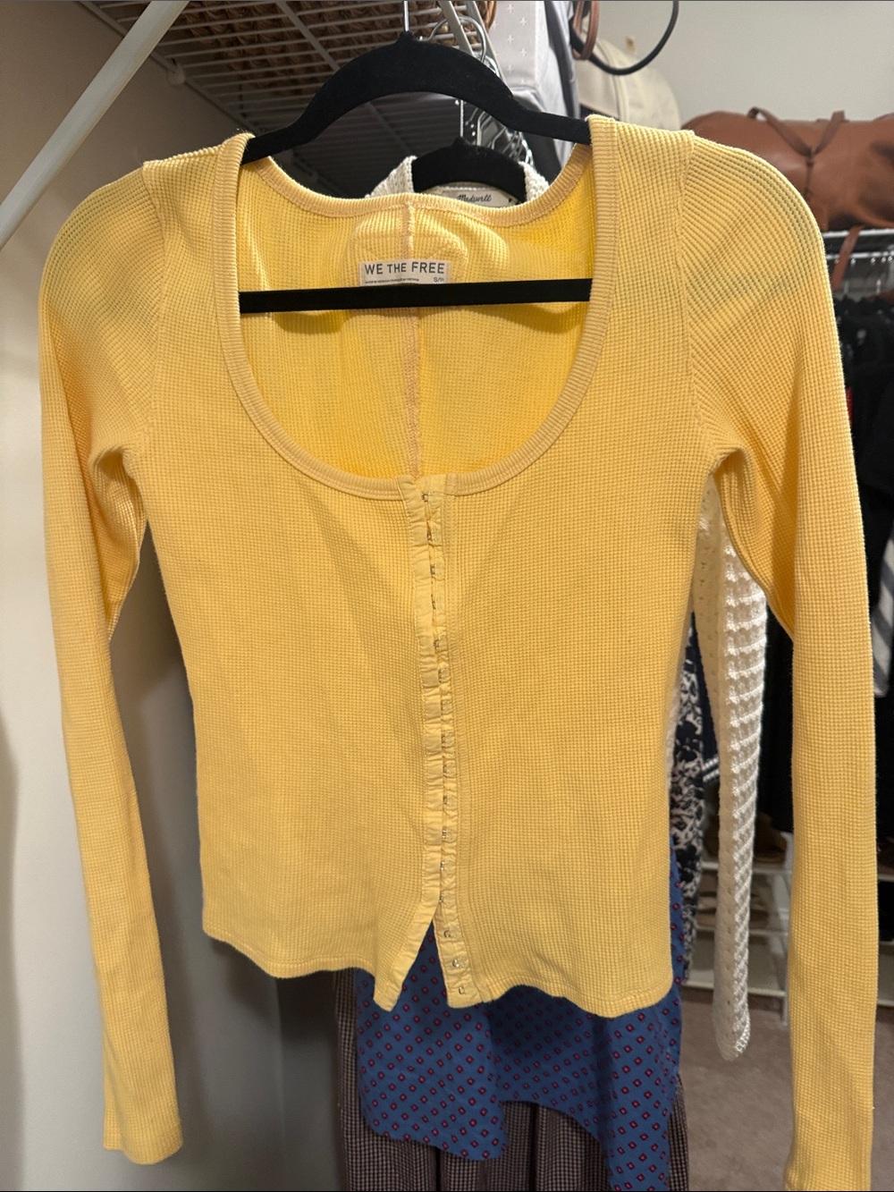 Free People Yellow Ribbed Snap-Front Long Sleeve Top cotton new
